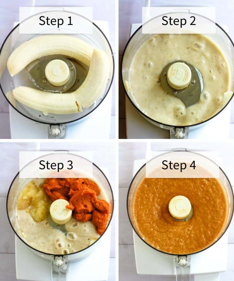 4 step photos of bananas in food processor, bananas blended in food processor, blended banana, pumpkin and applesauce in food processor, and all ingredients blended together in food processor.
