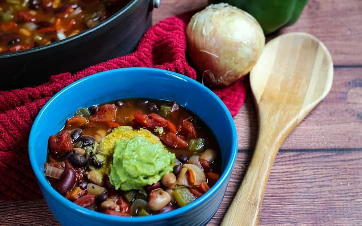 easy vegan chili with wooden spoon