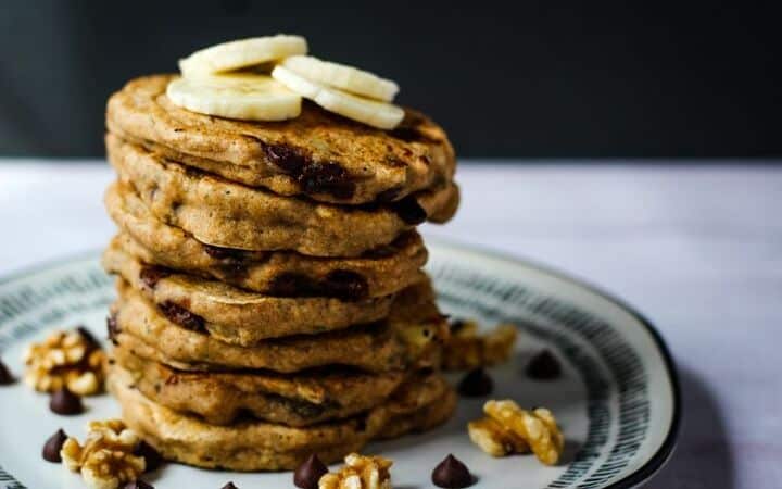 vegan whole wheat pancakes with bananas and chocolate chips