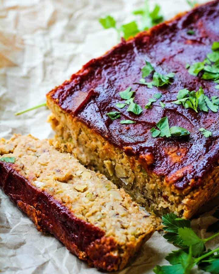 meatless meatloaf slices on brown paper