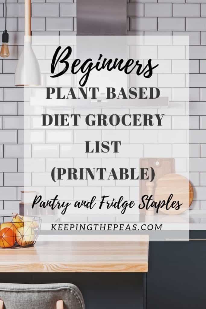 Kitchen background with the words vegan grocery list for beginners