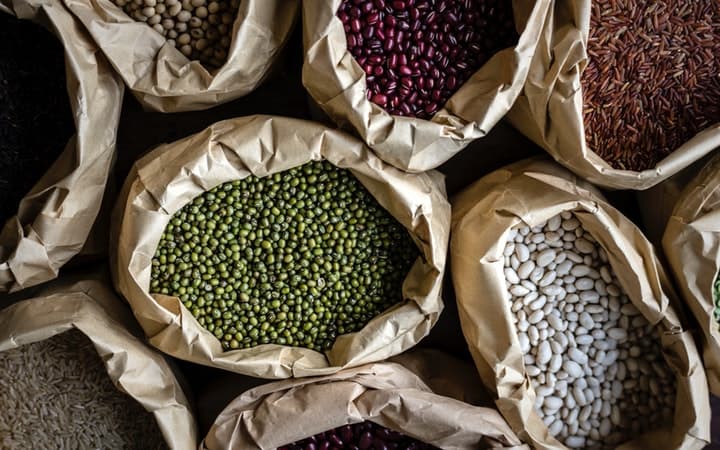 Assorted beans and rice in bags.