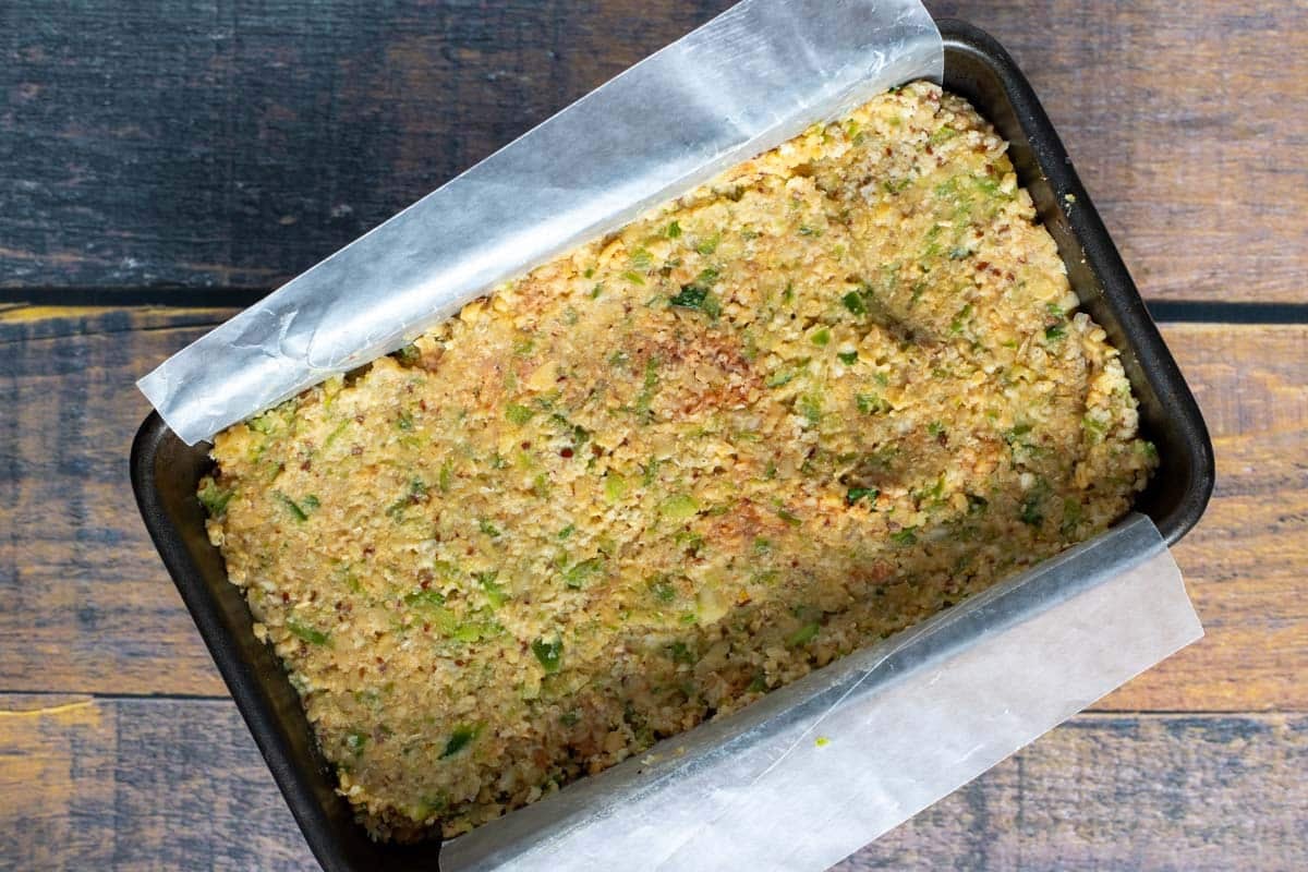 Chickpea filling in 9 inch baking pan.