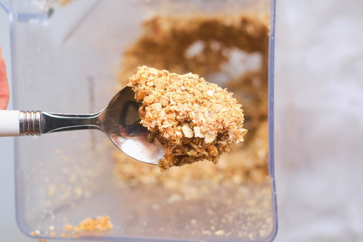 oat, pecan, walnut, maple syrup crumble topping in food processor