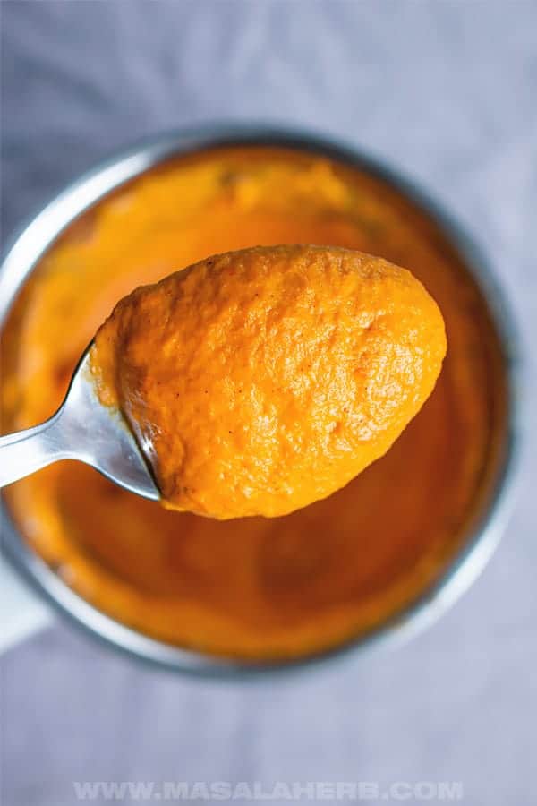close up of tikka masala sauce on spoon