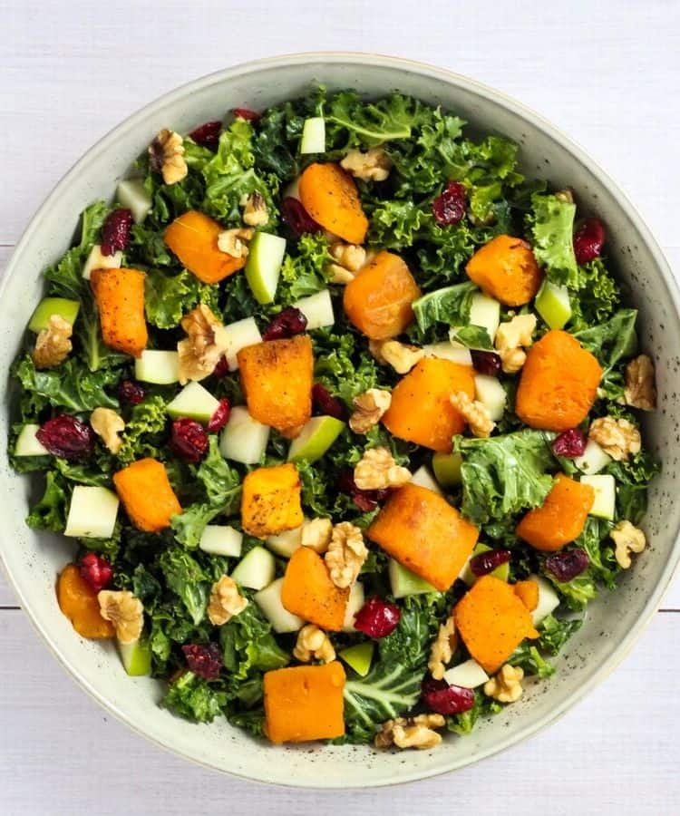 kale salad with cranberries and butternut squash
