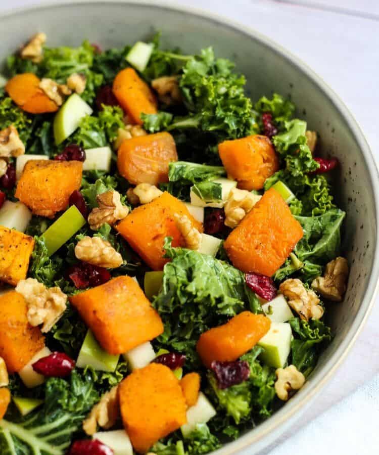 vegan thanksgiving recipe: butternut squash kale salad with cranberries