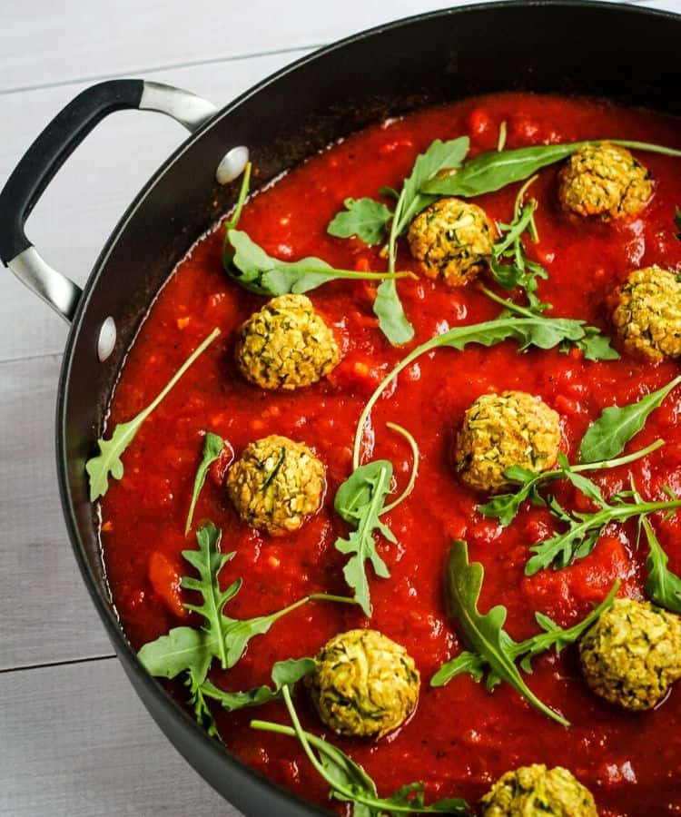 vegan chickpea meatballs in saucepan