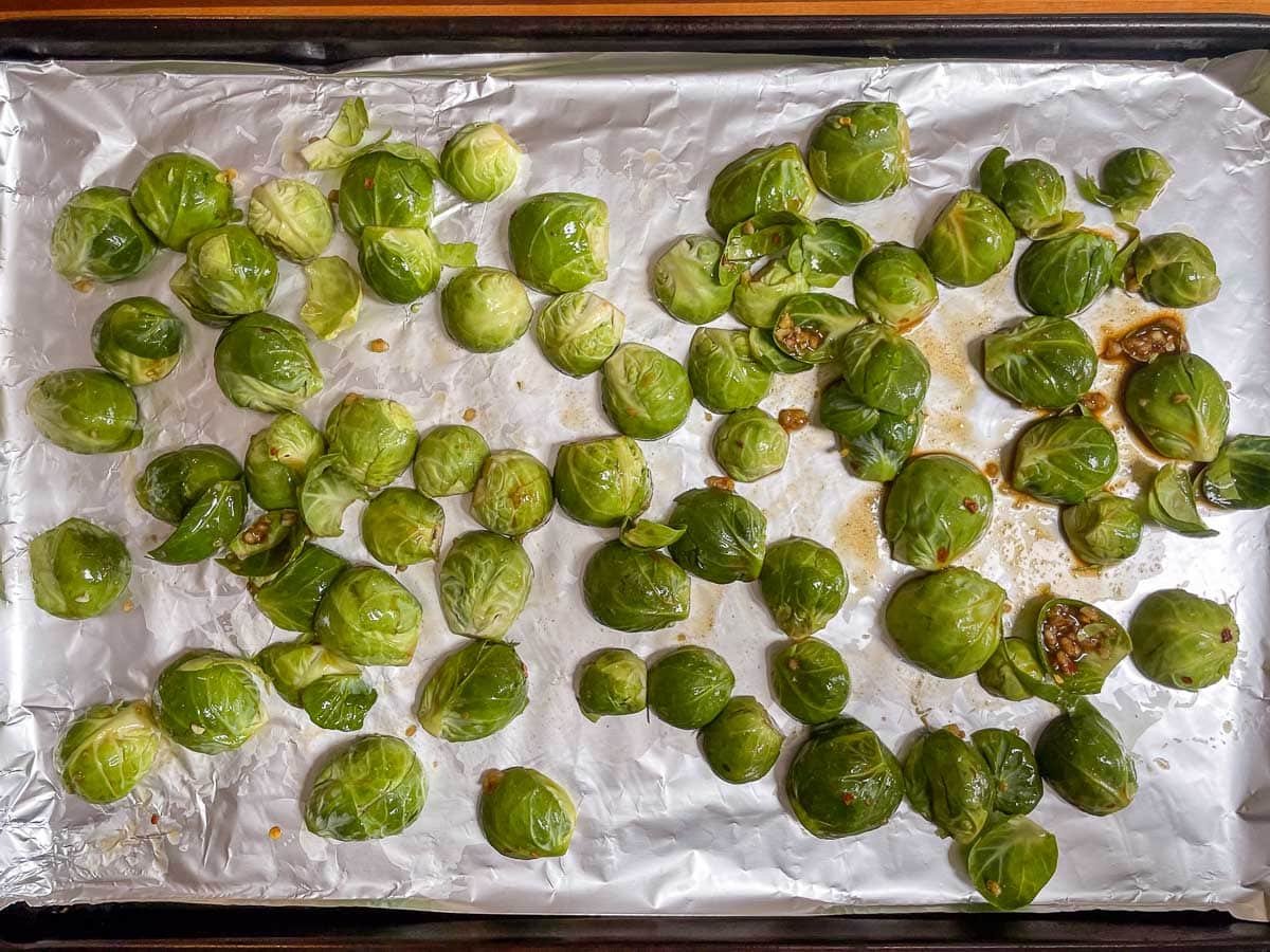 Soy glazed brussels sprouts on baking sheet.
