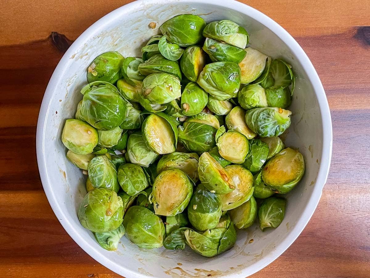 Trimmed brussels sprouts tossed in soy glaze.