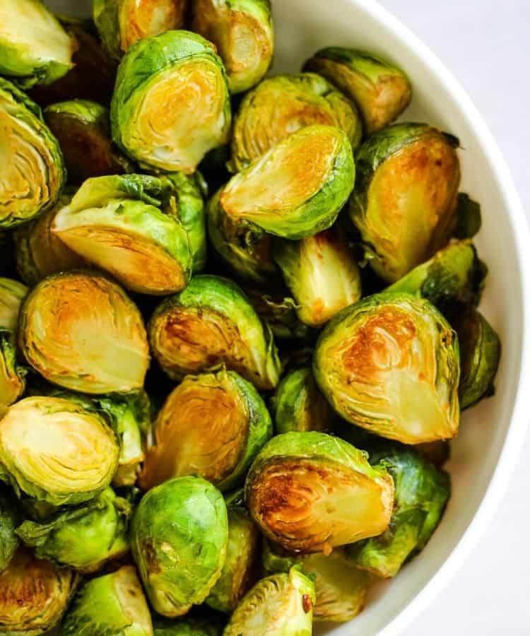 Soy sauce brussels sprouts in bowl.