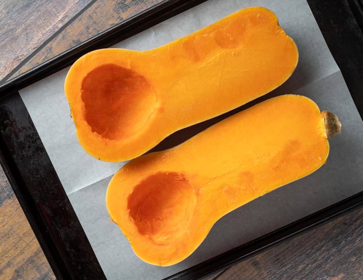 Butternut squash cut in half.