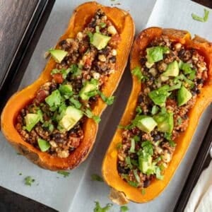 Stuffed butternut squash with quinoa and black beans.