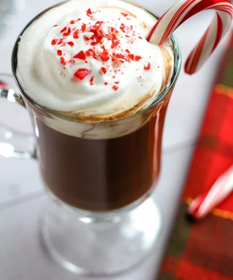 vegan hot chocolate with coconut whipped cream and peppermint