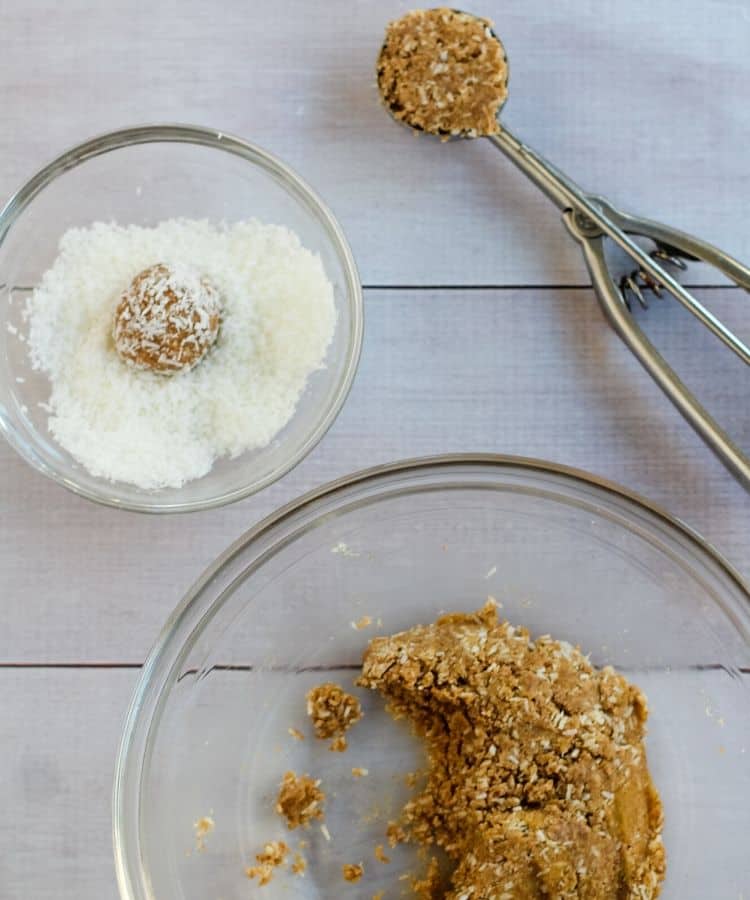 vegan snowball cookies in cookie scoop and rolled in coconut