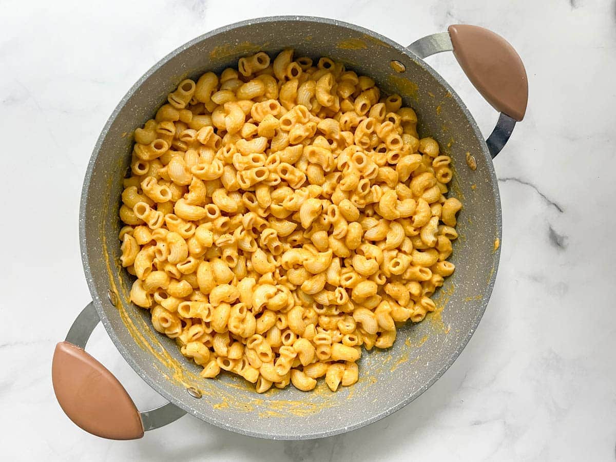 Vegan butternut squash mac and cheese in pot.