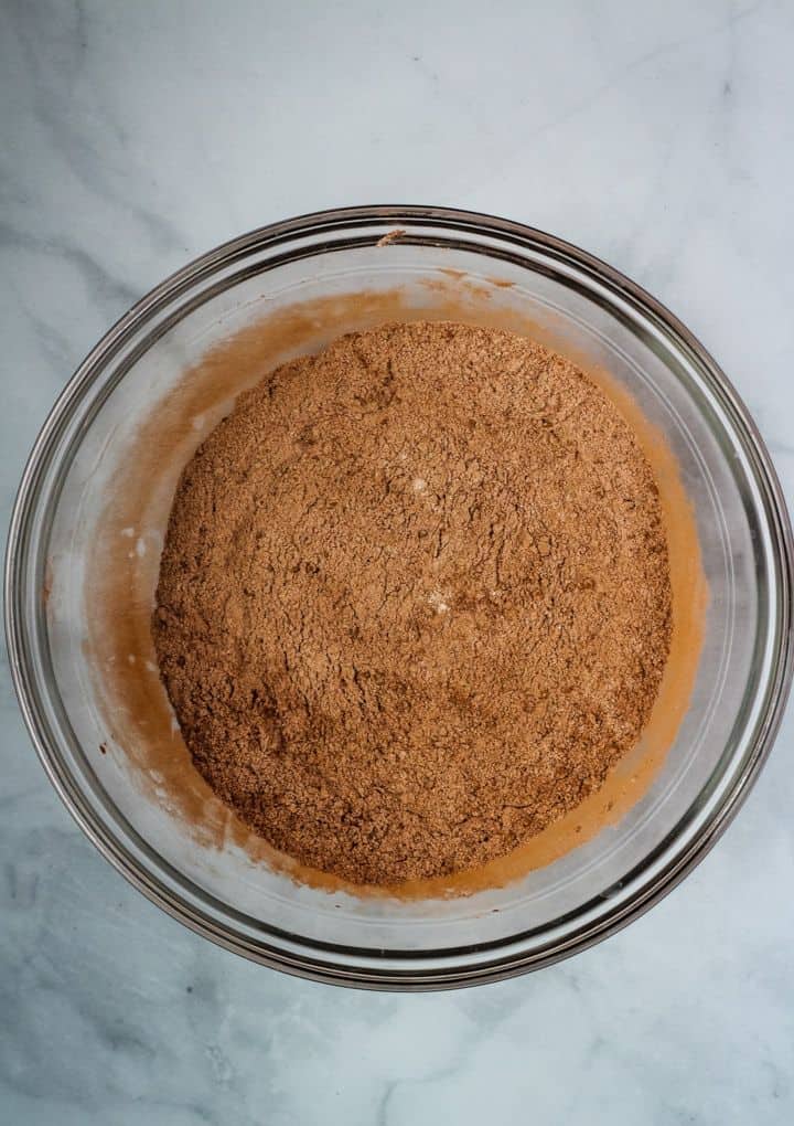 Flour, and cocoa powder whisked together in mixing bowl.
