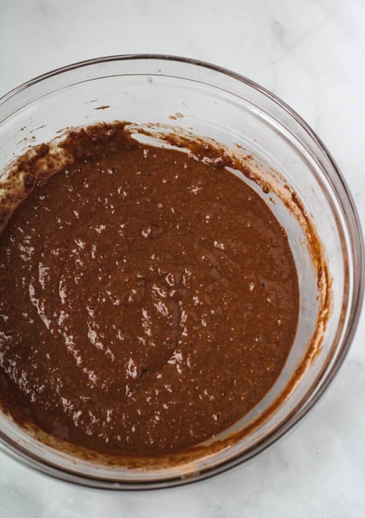 Vegan chocolate cupcake batter in mixing bowl.
