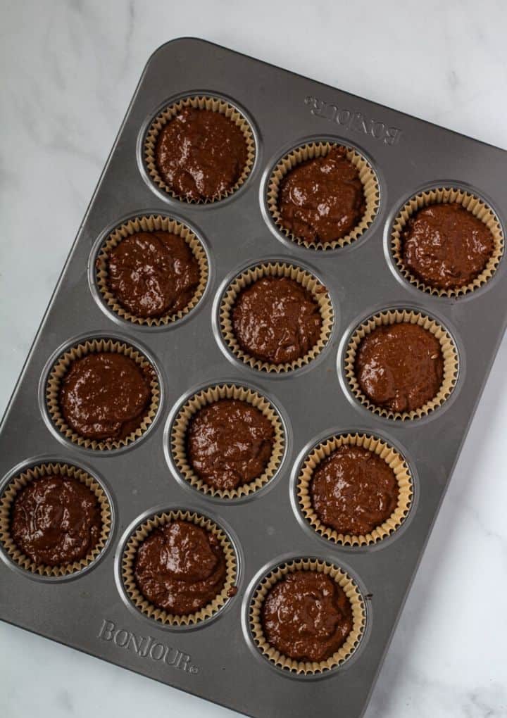 chocolate vegan cupcake batter in pan