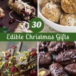 Edible Christmas Gifts: granola bar, snowball cookies, chocolate dates, chocolate bark.