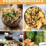 Vegan appetizers: stuffed mushroom , corn salsa, vegan cheese ball, and vegan egg rolls.