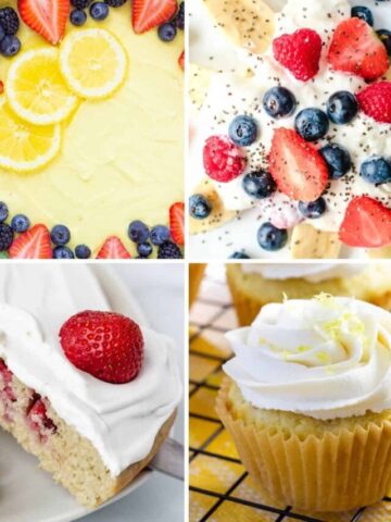 Easy vegan desserts, lemon tart, banana split, strawberry cake, cupcake.