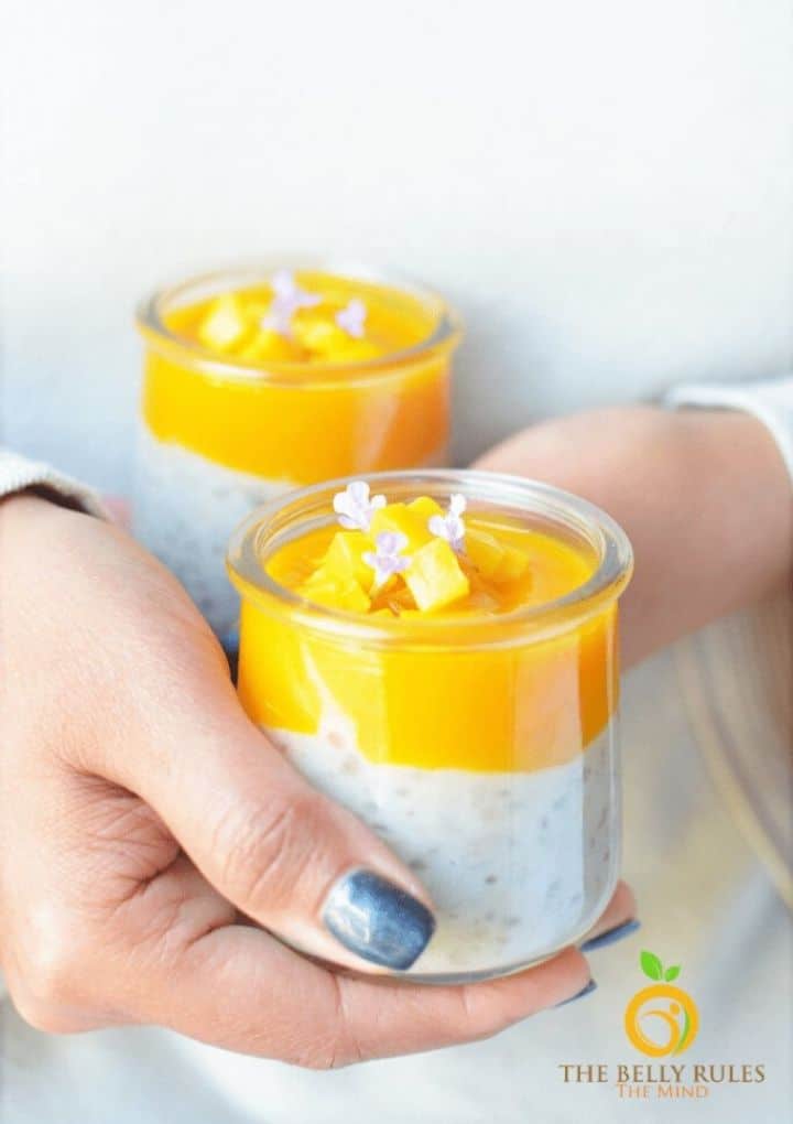 Tapicoca pudding topped with mango puree. 