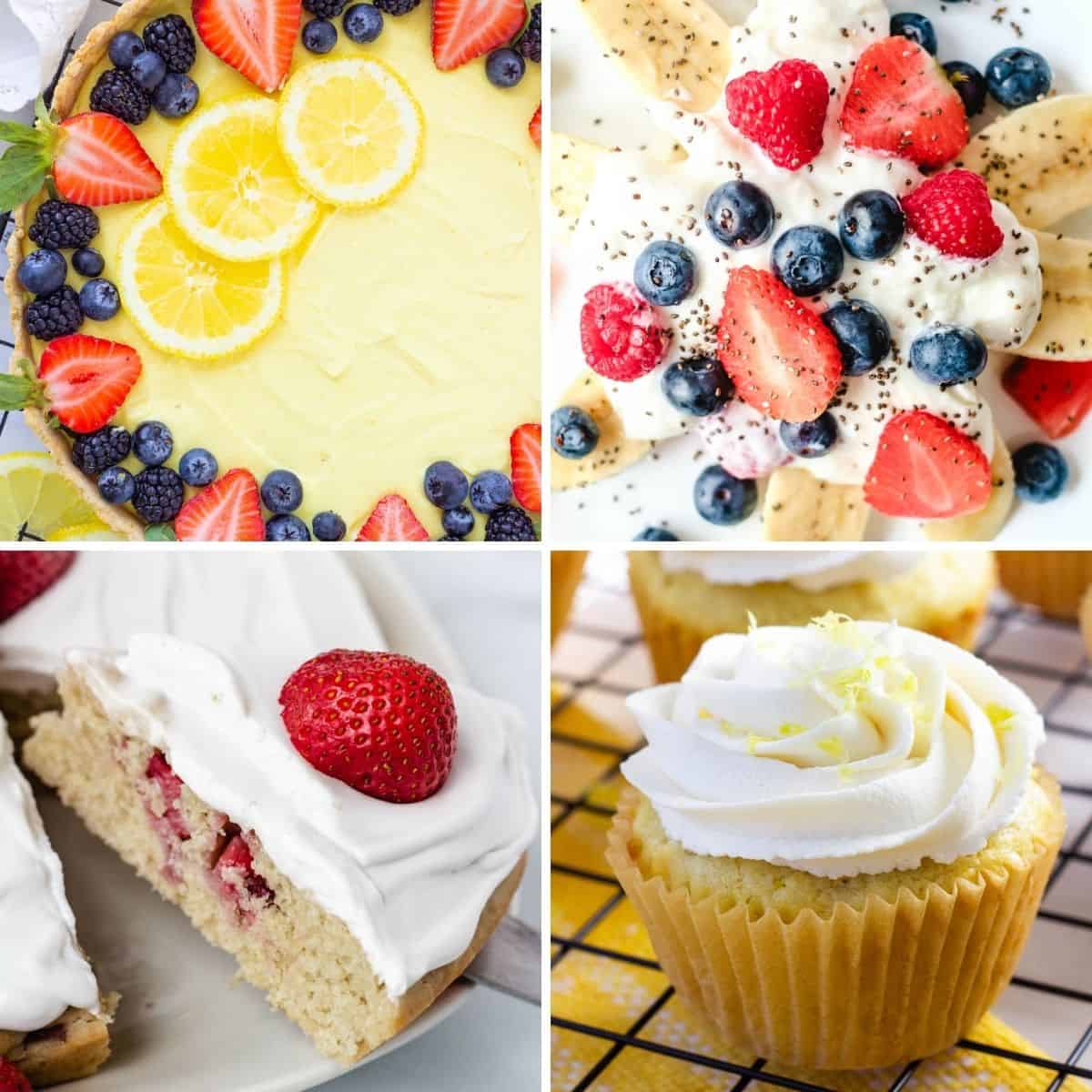 Easy vegan desserts, lemon tart, banana split, strawberry cake, cupcake.