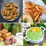 Easy vegan appetizers: jalapeno poppers, sweet potato fries, vegan egg rolls, avocado salsa.