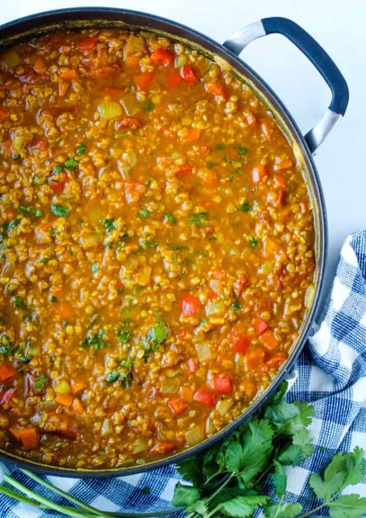 vegan curried lentils in pot