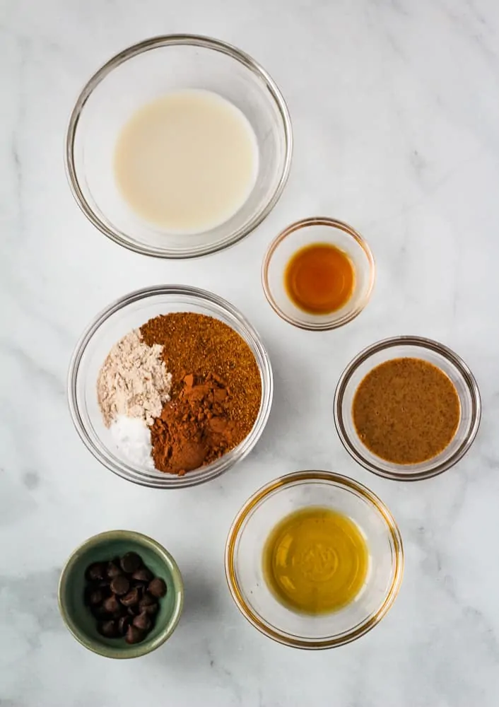 bowls with ingredients for vegan mug brownie