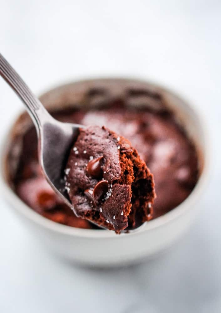 close up of spoon with vegan mug brownie