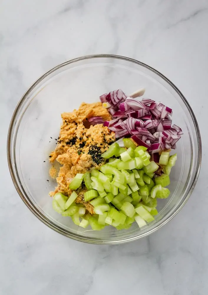 vegan tuna salad ingredients in bowl