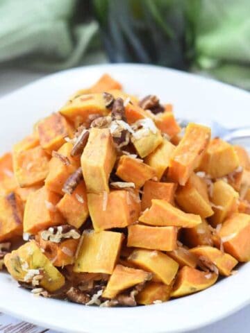 vegan sweet potatoes with coconut and pecans