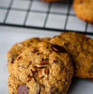 close up of chocolate chip pecan cookie