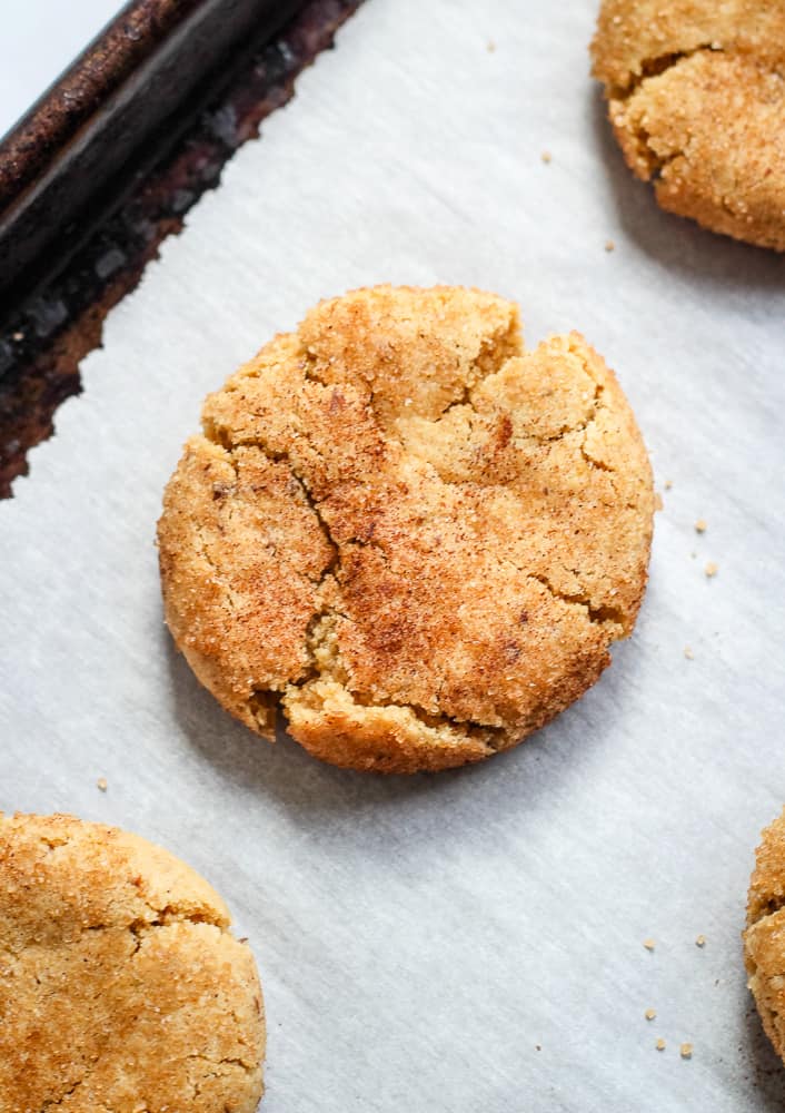 Close up overhead of vegan snickerdoodle cookie.