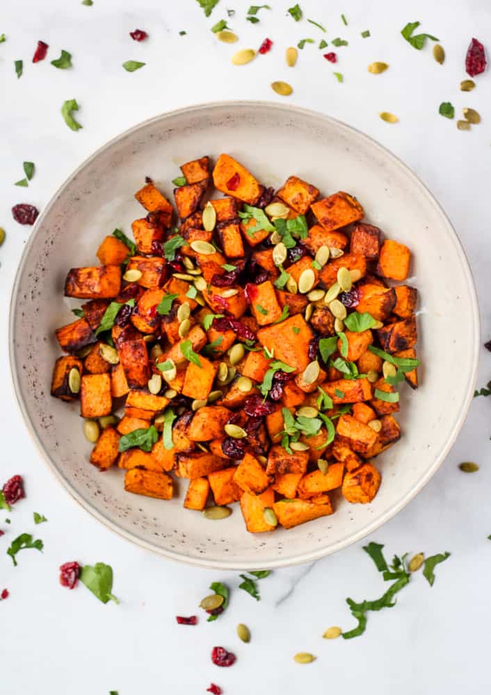 butternut squash topped with pumpkin seeds