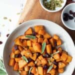 Roasted air fryer butternut squash in serving bowl.