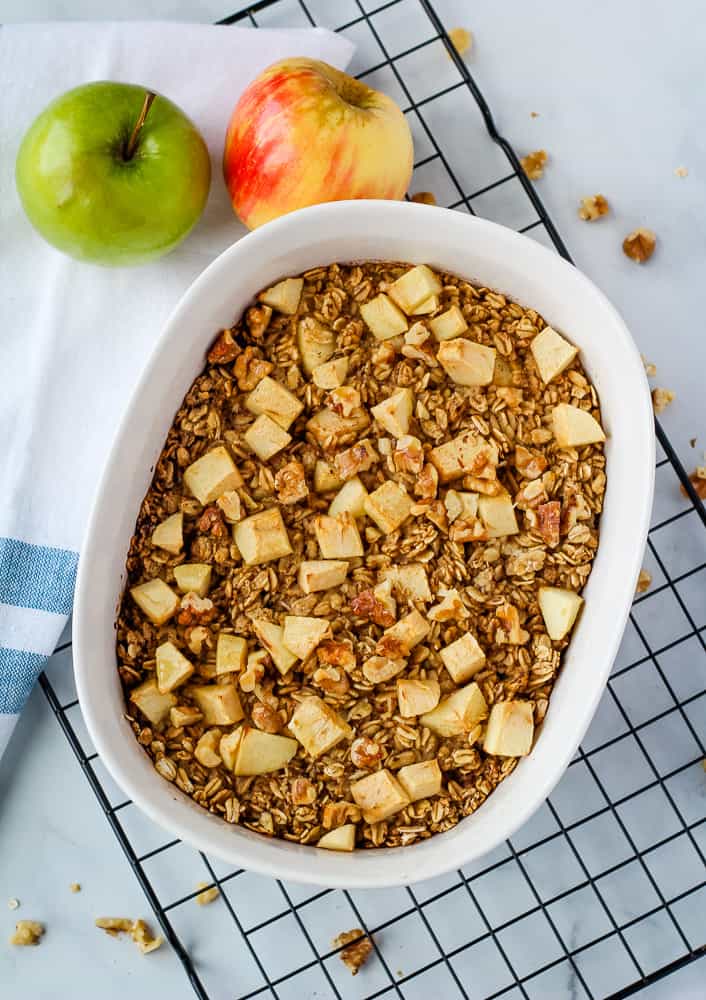 Overhead vegan baked oatmeal with apples. 