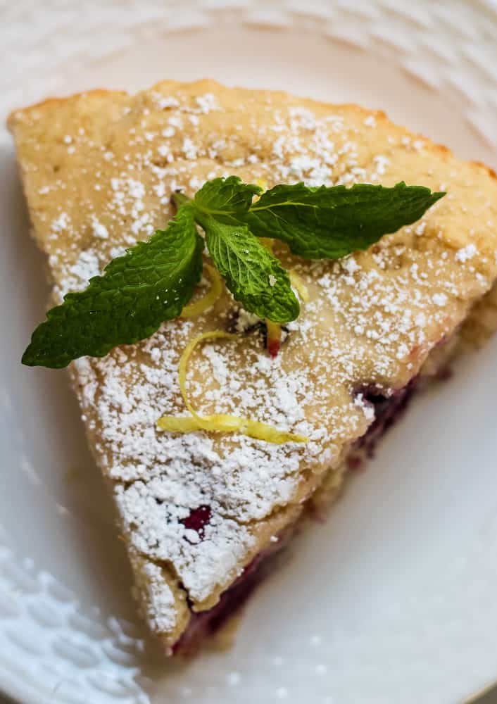vegan blueberry cake slice on white plate
