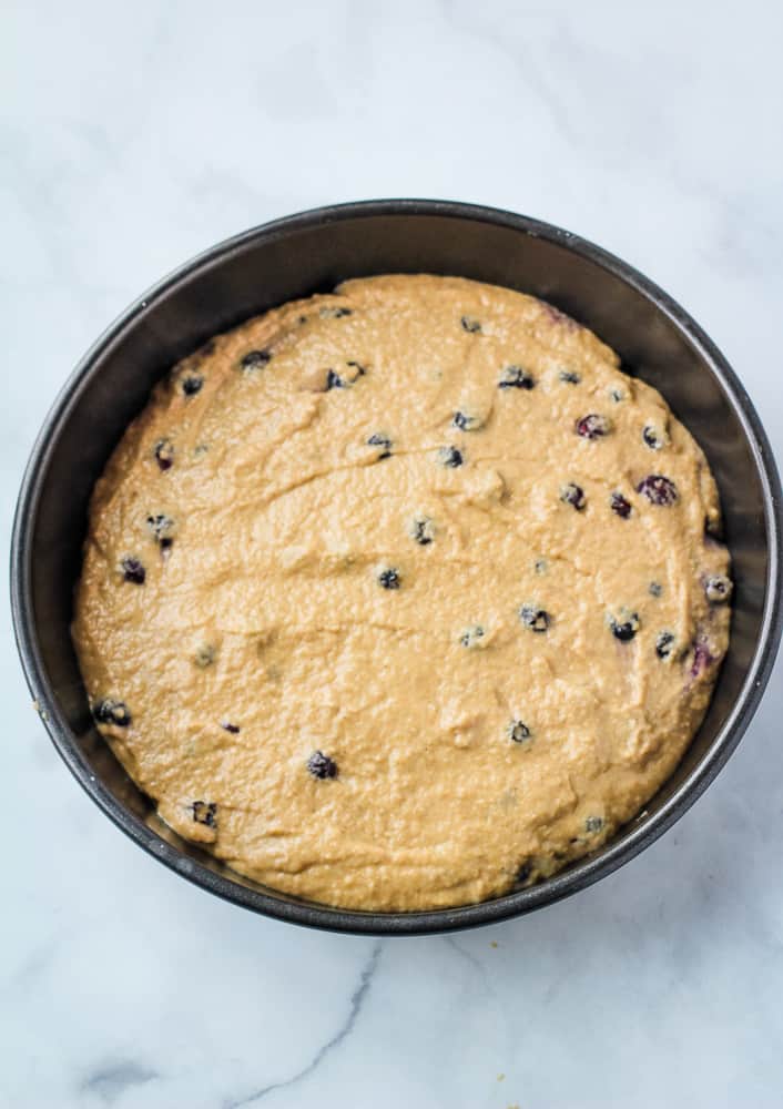 vegan blueberry cake batter in pan