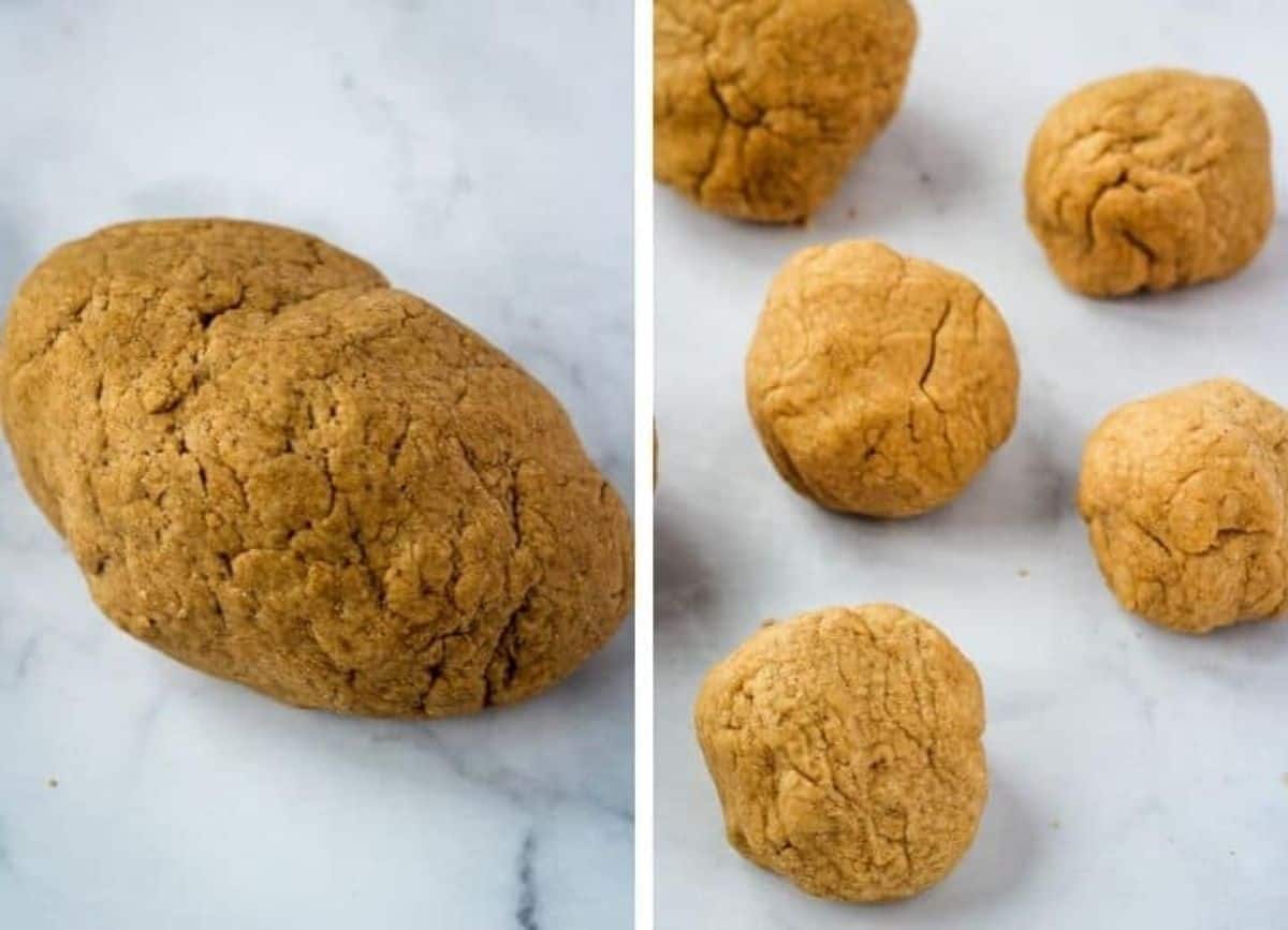 Collage images of flatbread dough balls.