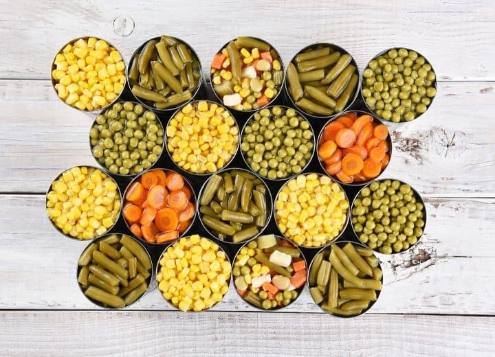vegan pantry staples 
canned vegetables, corn, green beans, carrots, peas