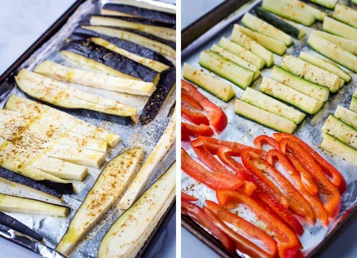eggplant, red pepper and zucchini on roasting pan