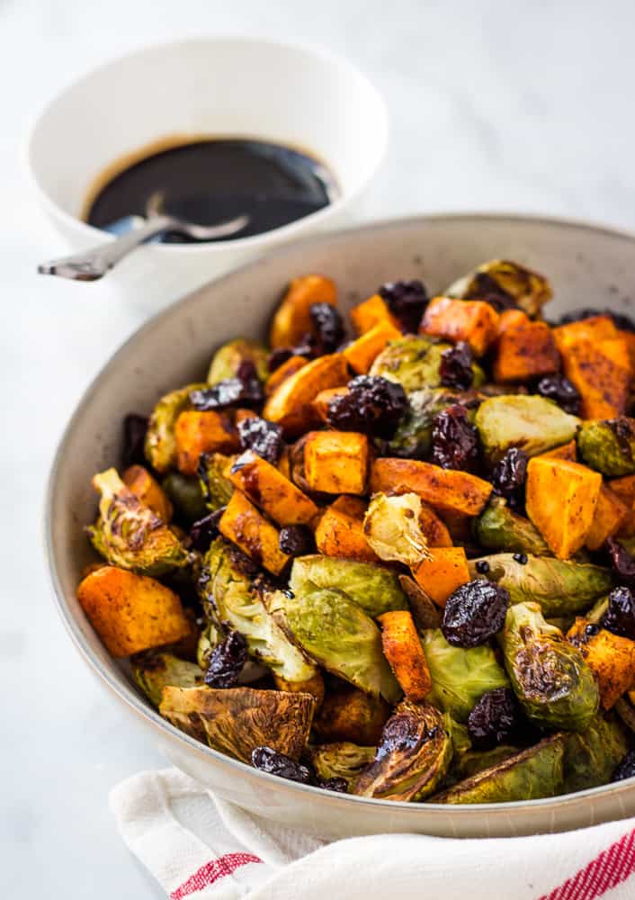 sweet potato brussel sprout hash with balsamic glaze