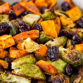 close up of sweet potato brussel sprout hash