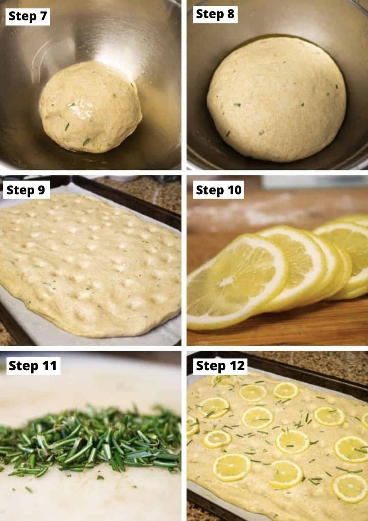Process images for preparing focaccia bread: oiling ball of dough, ball of dough rising, dough stretched out on baking sheet with dimples, slicing lemons, chopping rosemary, topping dough with lemon, rosemary, and salt. 