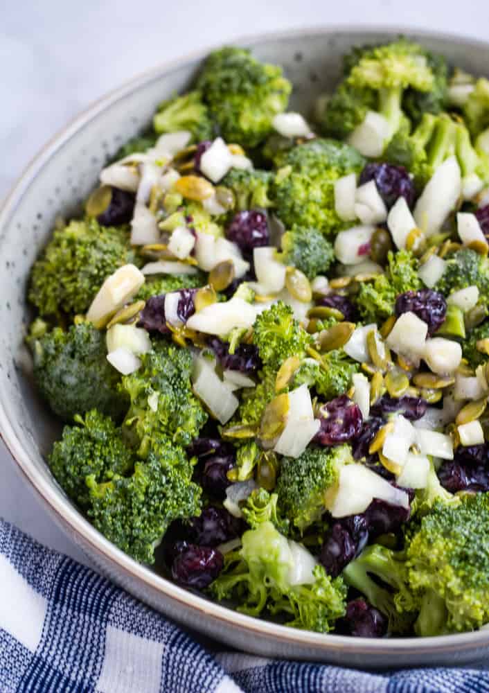 vegan broccoli salad in serving bowl
