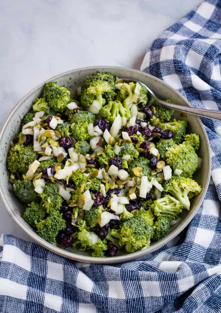 overhead of broccoli salad in serving bowl
