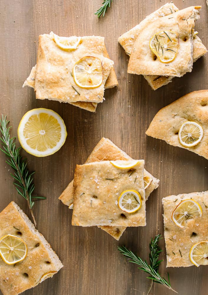 slices of vegan focaccia with rosemary and lemon